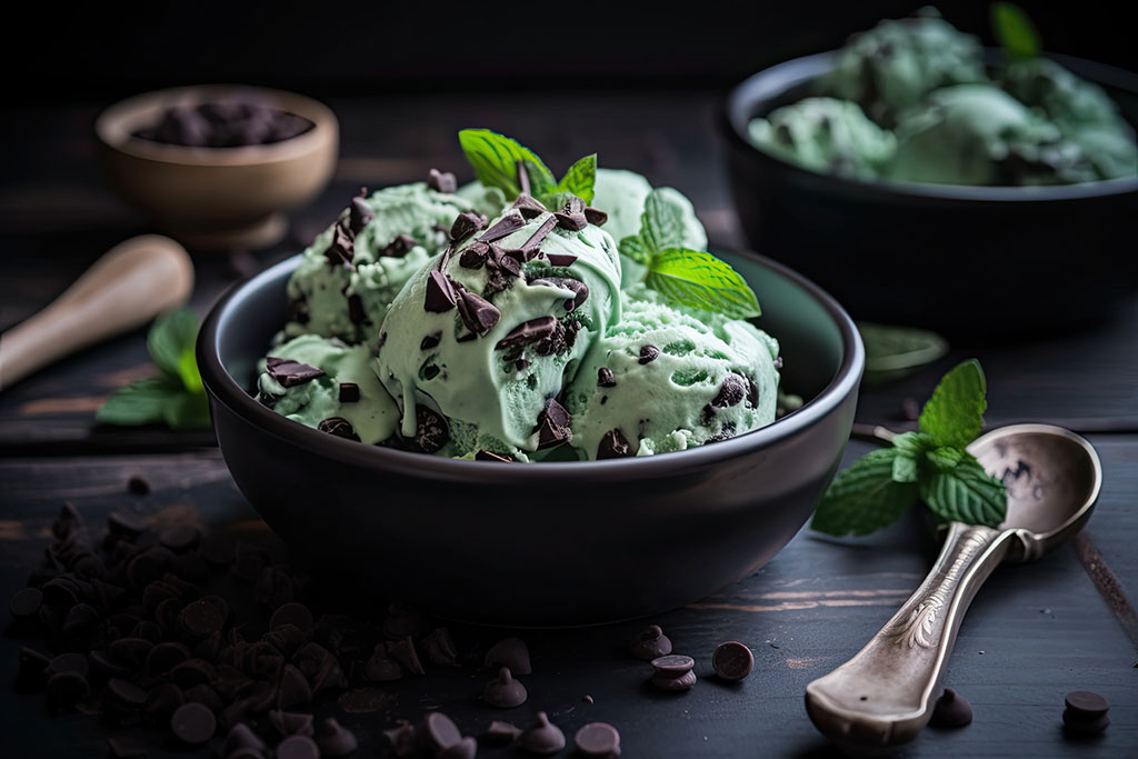 Scoops of mint choc chip gelato in a dark bowl with sprigs of mint