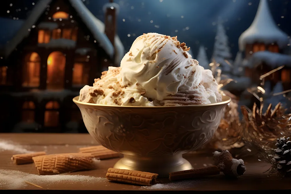 Scoops of gingerbread gelato sitting in a bowl with pieces of gingerbread sprinkled around and sitting in front of snow-covered gingerbread houses