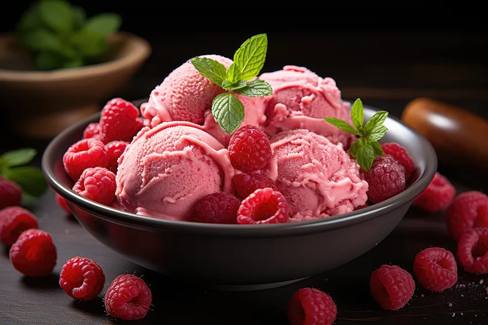 Scoops of raspberry sorbet sitting in a dark bowl with raspberries and mint