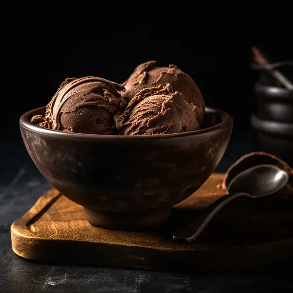 Scoops of dark chocolate gelato sitting in a brown bowl