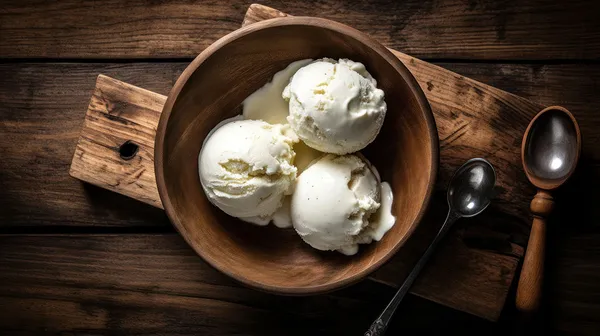 Scoops of madagascan vanilla ice cream in a wooden bowl sitting on a wooden table