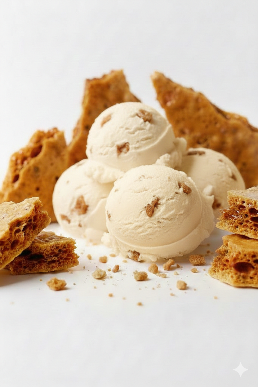 A few scoops of honeycomb swirl gelato surrounded by honeycomb