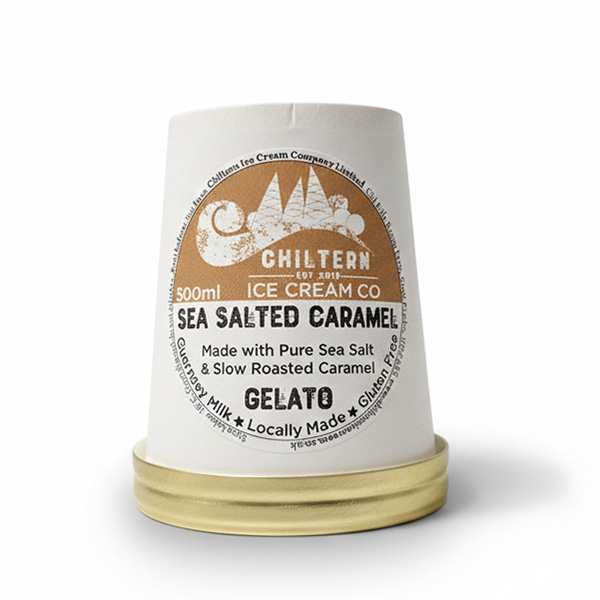 An upside down tub of 500ml sea salted caramel gelato