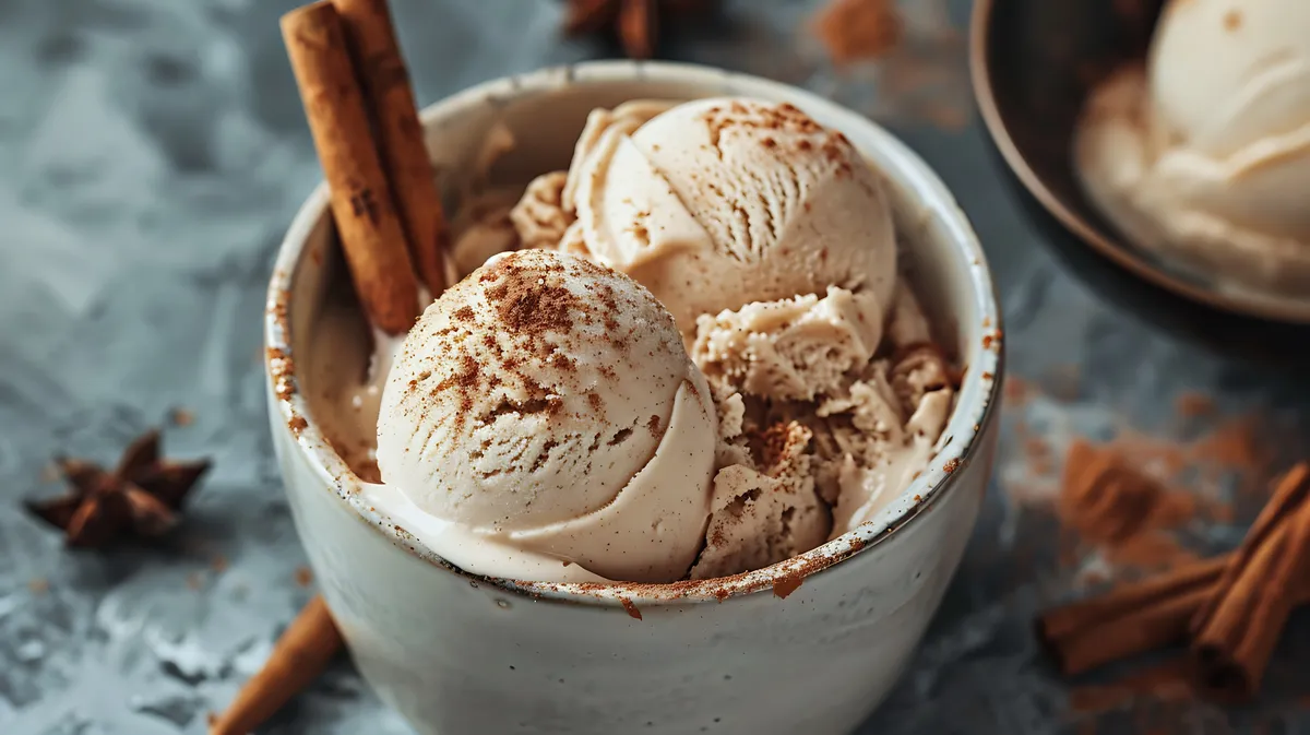 Scoops of cinnamon gelato sitting in a porcelain cup