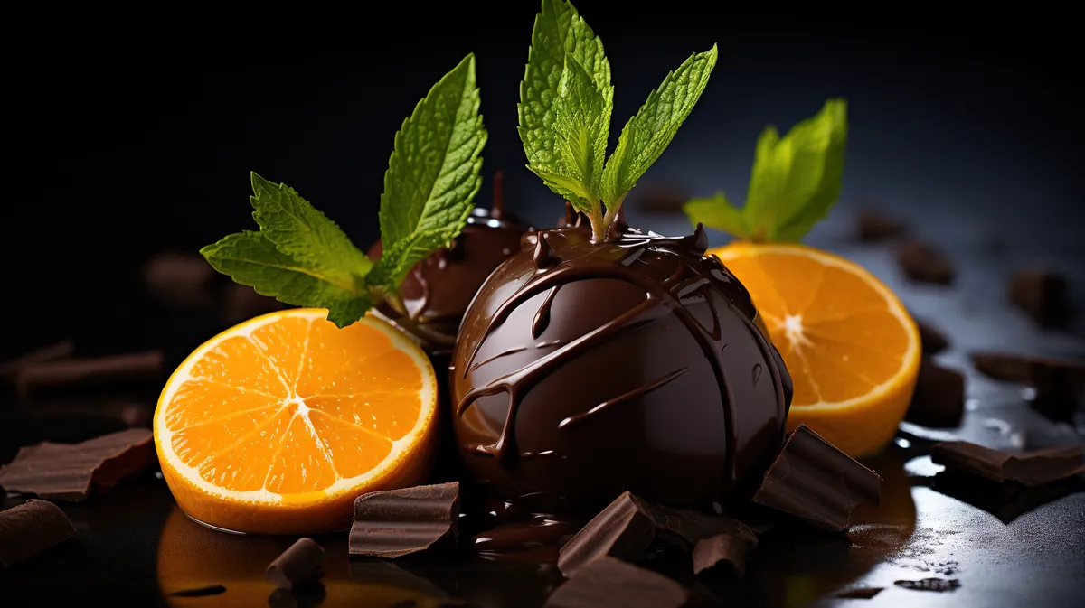 Scoops of dark chocolate orange gelato with mint sprigs in the top and a sliced orange either side